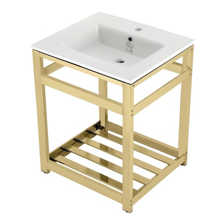 Kingston Brass VWP2522A2 25" Ceramic Console Sink (1-Hole), White/Polished Brass VWP2522A2